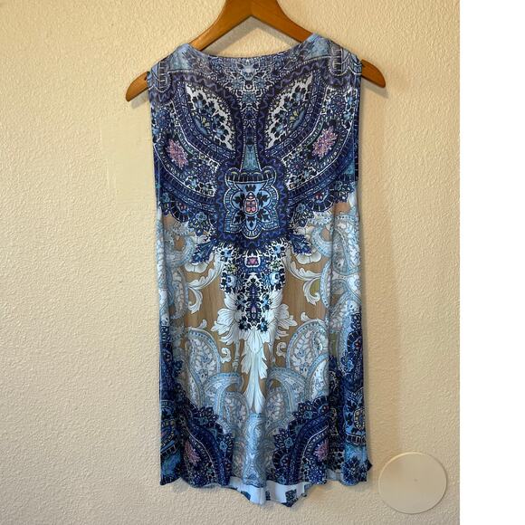 One World Live & Let Live Embroidered Printed Boho Blue Handkerchief Hem Tank M - Picture 2 of 13